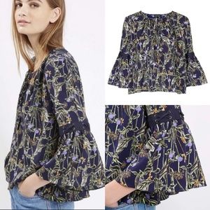 TopShop Navy Floral Bell Sleeve Smock Blouse